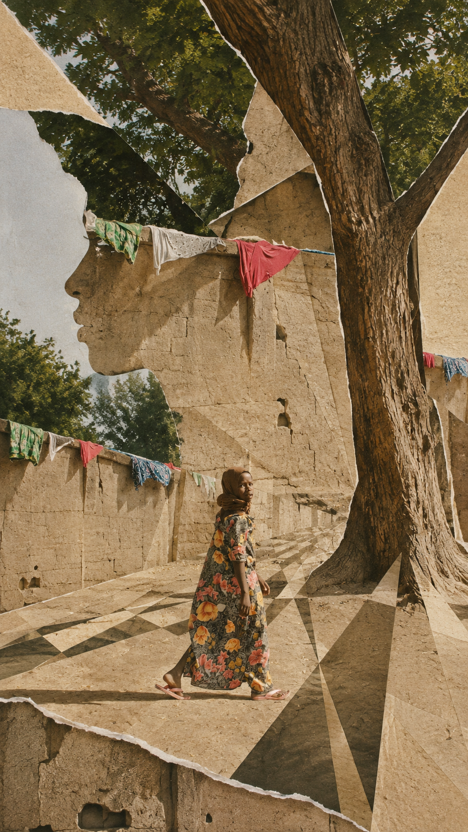 Courtyard Threshold, a woman walking beneath a tree in a collage-style courtyard