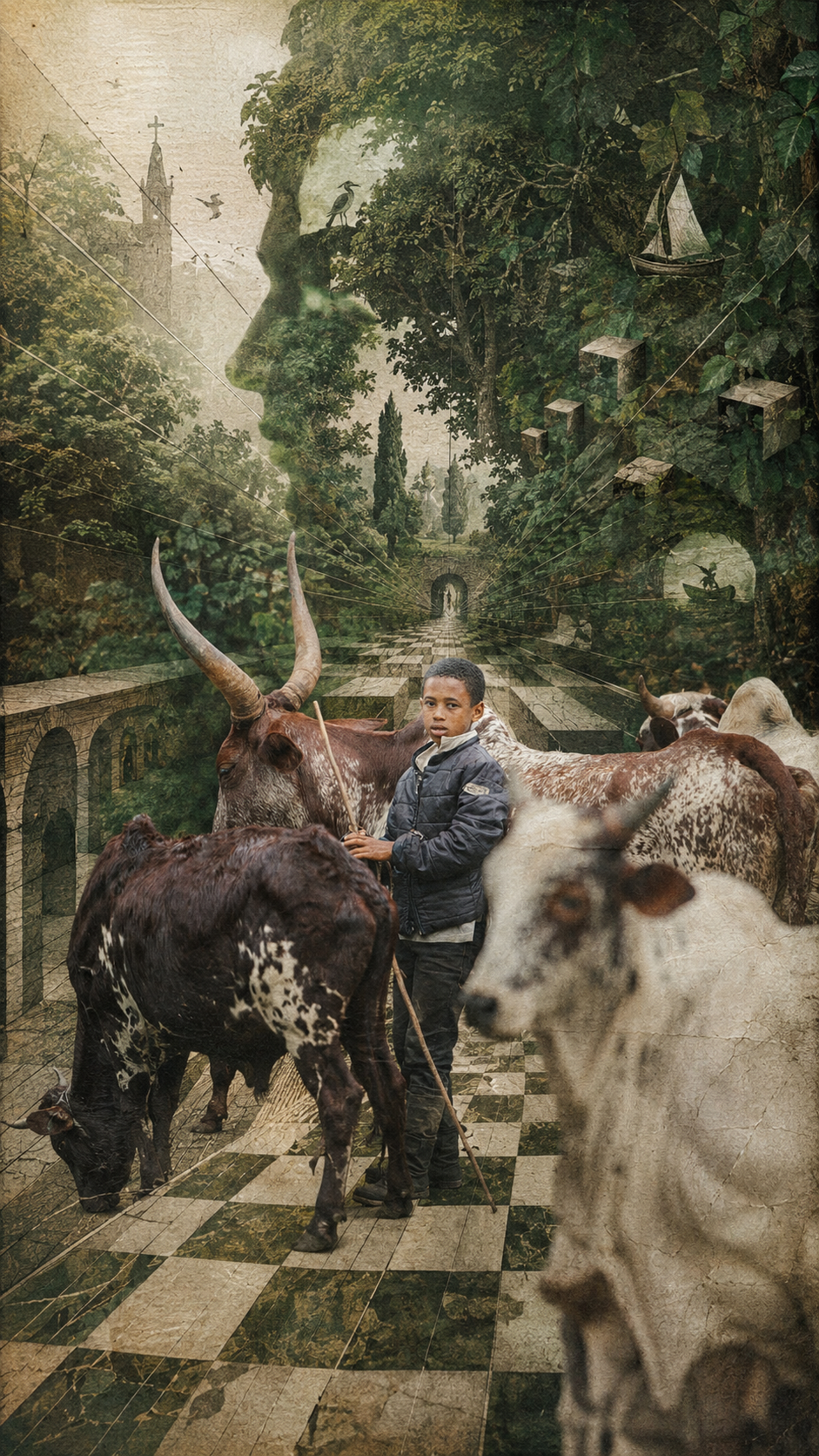 Cattle Crossing, a young handler among cattle in a green collage landscape