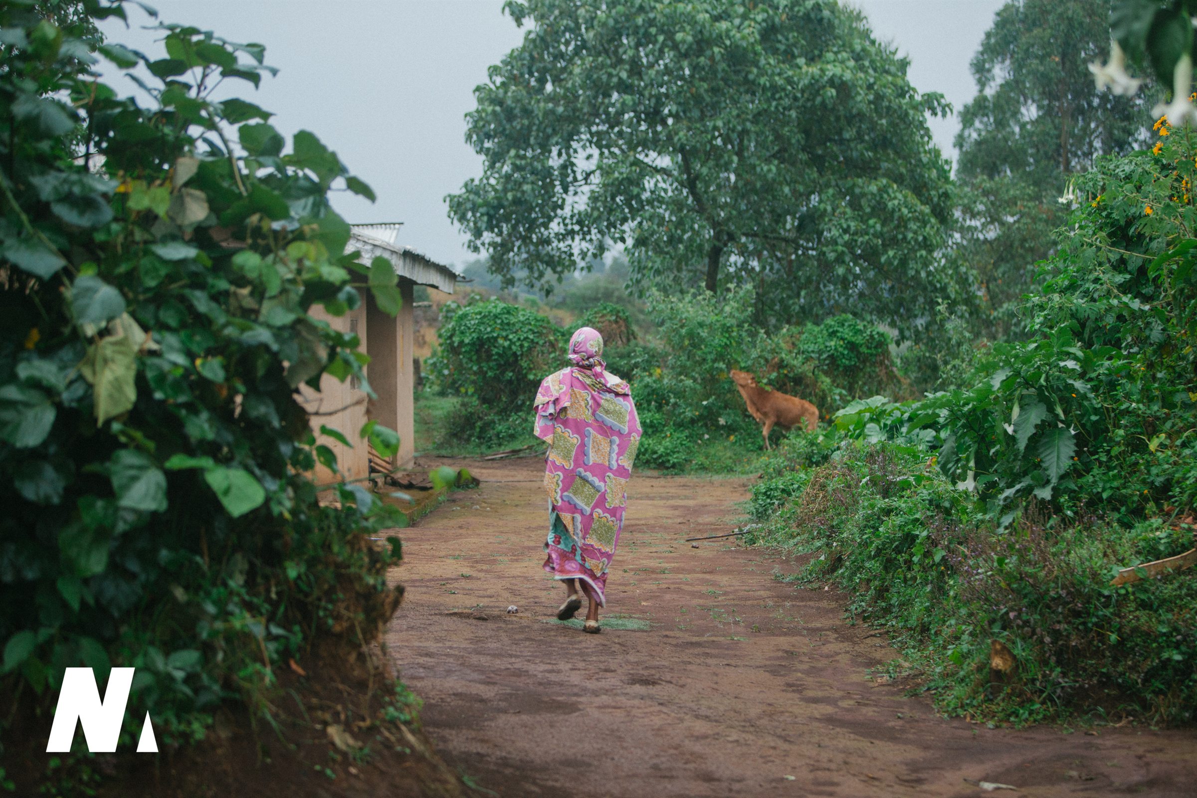 A woman in a patterned wrap walking along a green village path