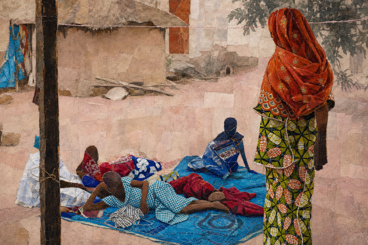 Courtyard Gathering, a textured collage study